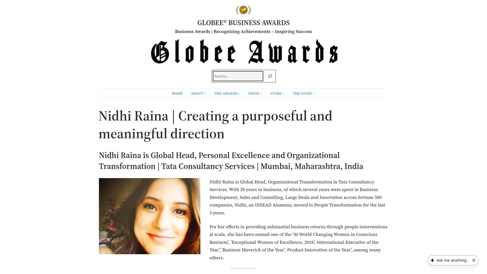 The Globee Business Awards profile of Nidhi Raina