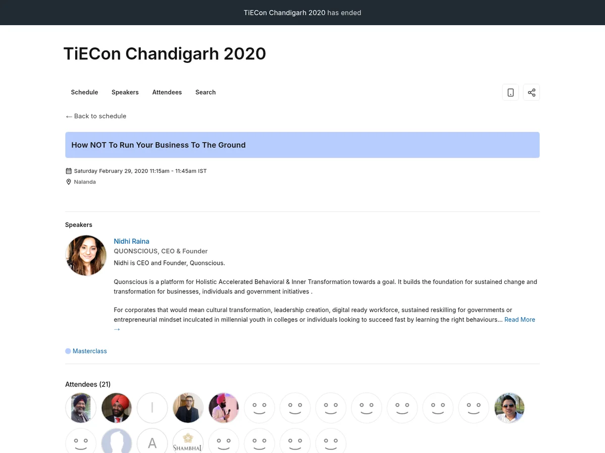 The TiECon Chandigarh 2020 session listing featuring Nidhi Raina